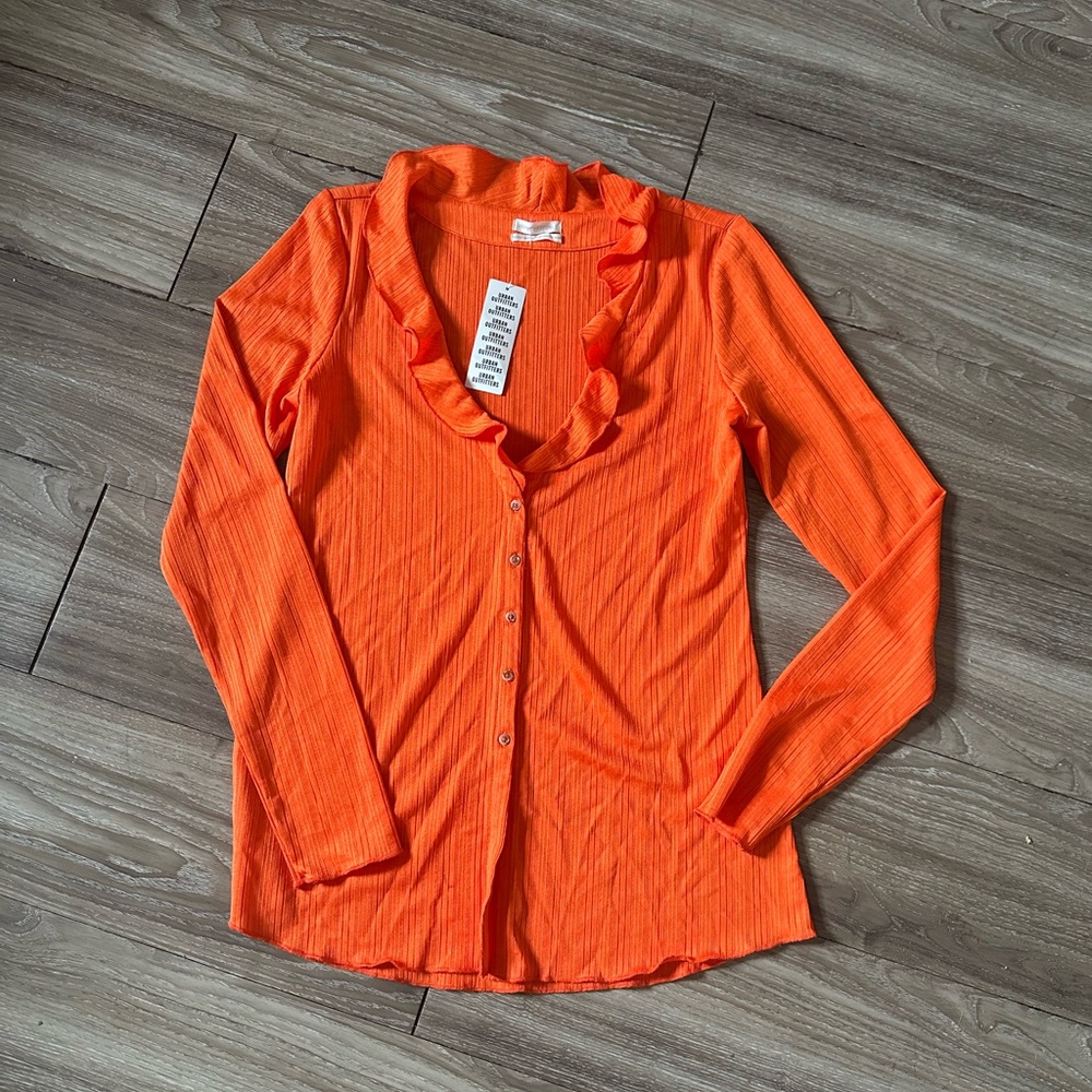Orange Ruffled V-Neck Button-Up Top